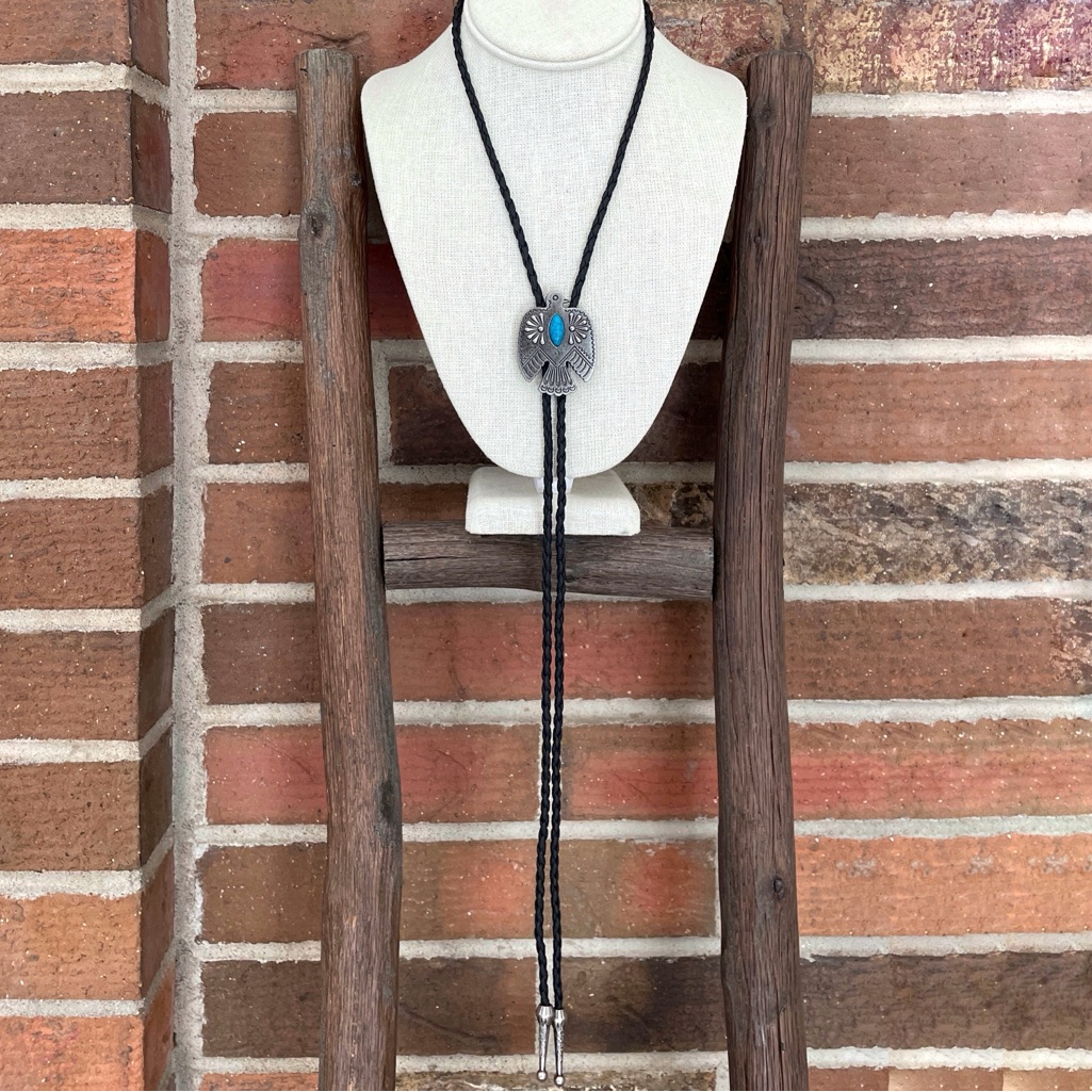Thunderbird Bolo Tie Necklace With Turquoise